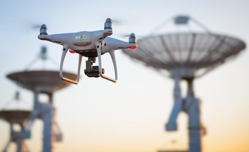 Drone flying at the Satellite antenna array
